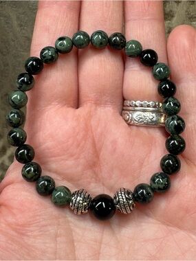 Kambaba Jasper & Black Obsidian Crystal Gemstone Stretch Bracelet Natural Energy